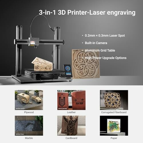 3-in-1 3D printer with laser engraving capability, featuring a wooden model and examples of materials like plywood and leather.