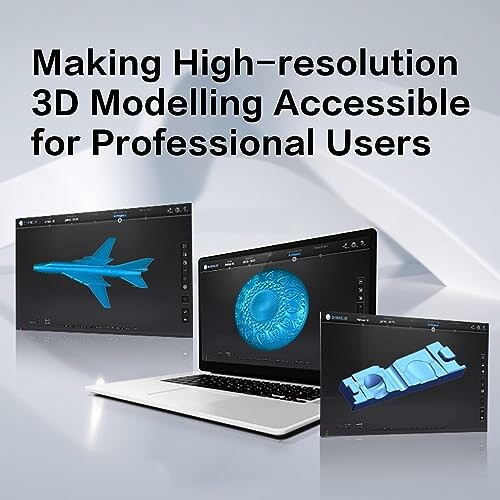 Laptop displaying 3D modelling software with various models.