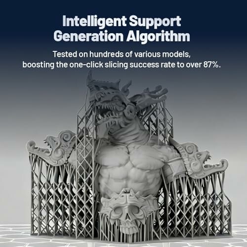 3D printed model with support structures and algorithm text.