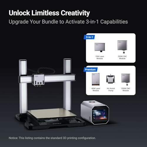 3D printer with upgrade options for laser, CNC, and air assist pump.