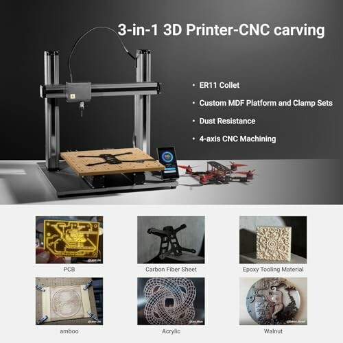 3-in-1 3D printer and CNC carving machine with features and material examples.