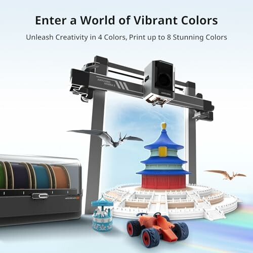3D printer showcasing vibrant color printing with model examples.
