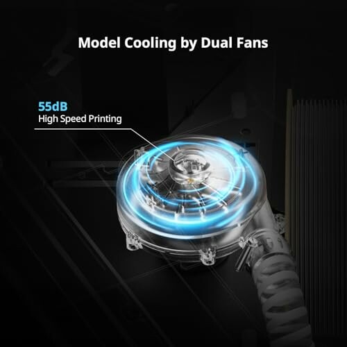 3D printer cooling system with dual fans and noise level indicator.