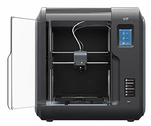 Black enclosed 3D printer with open door and control screen.