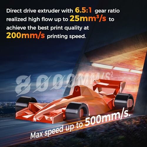 3D printer extruder with car graphic emphasizing speed and efficiency.