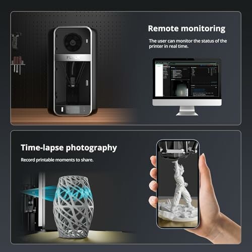 A 3D printer showcasing remote monitoring and time-lapse features, highlighting its advanced capabilities.