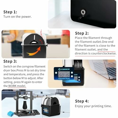 Instructions for using a 3D printer filament dryer.