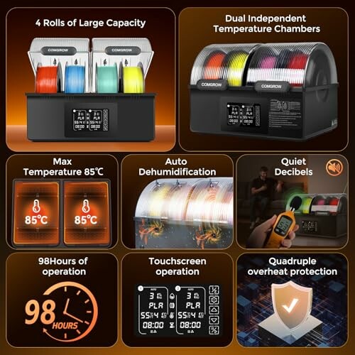 3D printer filament dryer with dual chambers and touchscreen operation.
