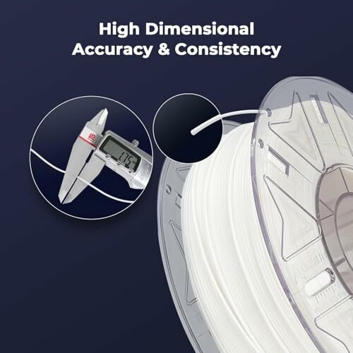Spool of filament with caliper showing high dimensional accuracy.