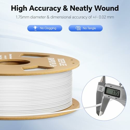 3D printer filament spool with caliper measuring 1.75mm diameter.