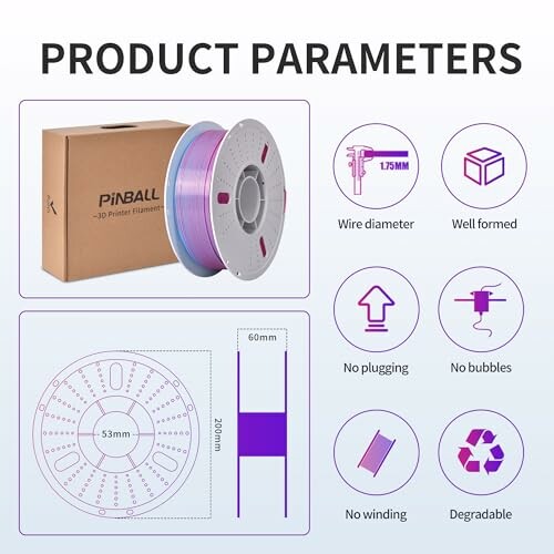 3D printer filament product parameters with features like wire diameter, well-formed, no plugging, no bubbles, no winding, degradable.