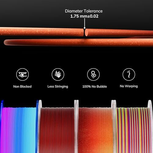 Comparison of 3D printer filament features, including diameter tolerance and quality benefits like non-blockage and no warping.