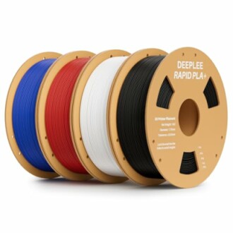 Four spools of 3D printer filament in blue, red, white, and black.