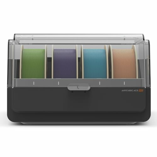 3D printer filament storage box with multiple spools in various colors.