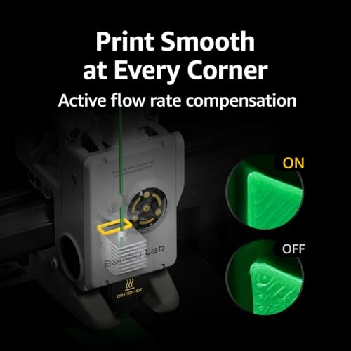 A 3D printer component showing flow rate compensation with on and off comparison.