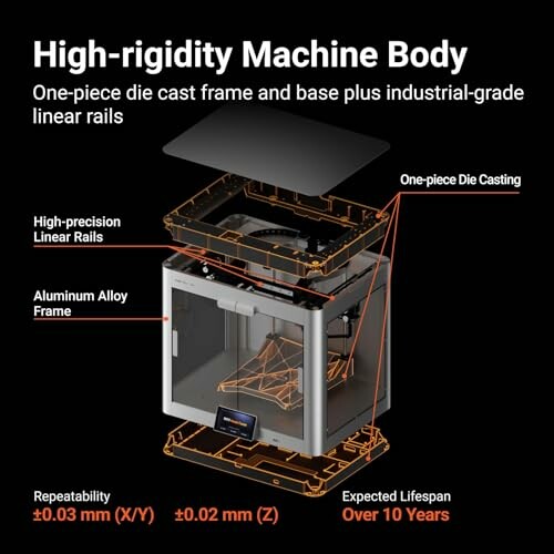 Diagram of a high-rigidity 3D printer with die cast frame and linear rails.