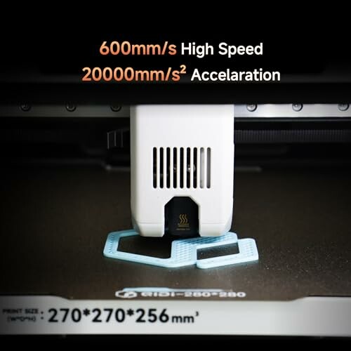 High-speed 3D printer in action with specifications displayed.