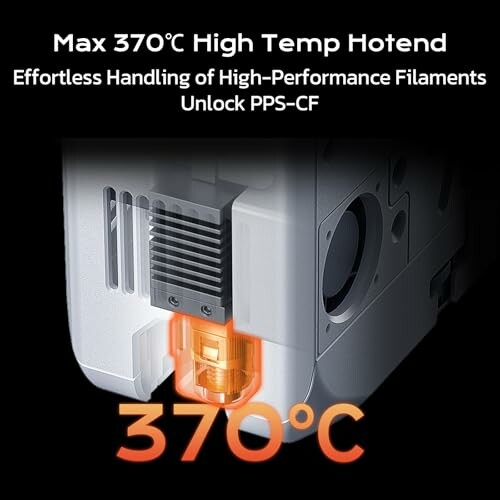 3D printer hotend with max temperature of 370°C for high-performance filaments.