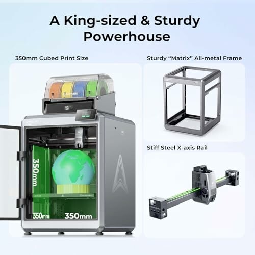 3D printer with cubed print size, all-metal frame, and steel X-axis rail.