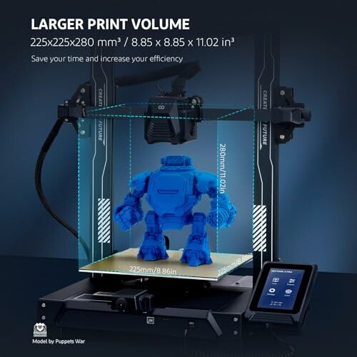 3D printer with large print volume featuring a blue robot model