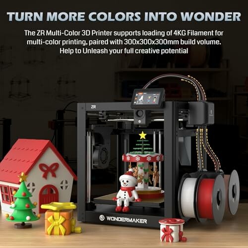 A 3D printer with multi-color filament and holiday-themed models.