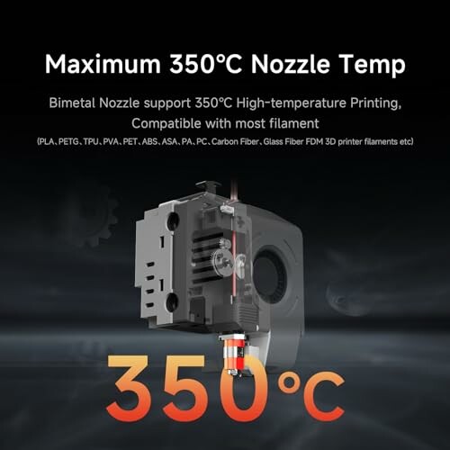 3D printer nozzle with 350°C maximum temperature display.