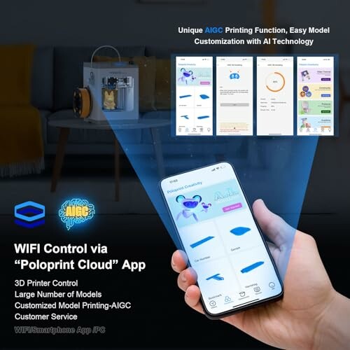 Advertisement for Poloprint Cloud app featuring 3D printer and smartphone control interface.