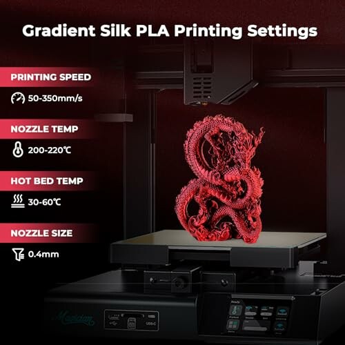 3D printer settings for gradient silk PLA with red dragon model.