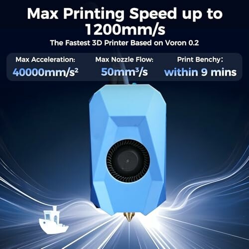 3D printer specs: speed 1200mm/s, acceleration 40000mm/s², nozzle flow 50mm³/s, print benchy in 9 mins.