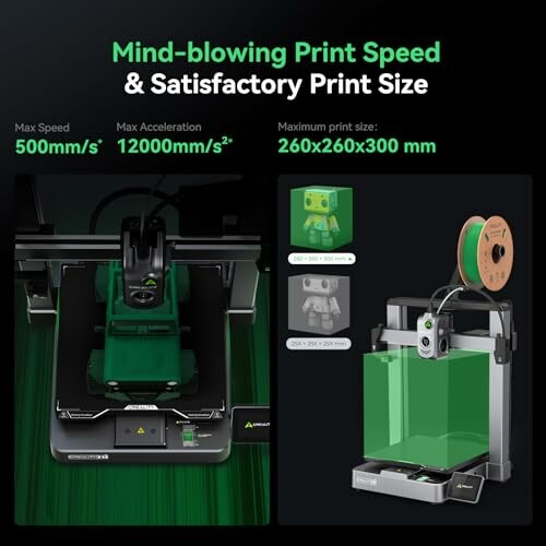 A 3D printer showcasing speed, acceleration, and print size, highlighting the capabilities of the Creality Hi Combo 3D Printer.