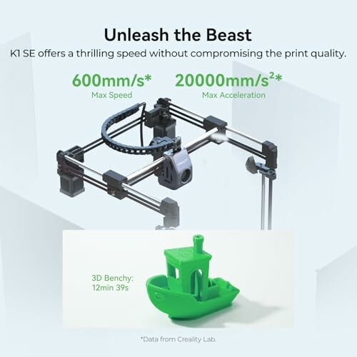 3D printer with speed and acceleration stats, and a 3D Benchy model.