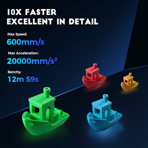 Comparison of 3D printed boats in different colors with speed and acceleration specs.
