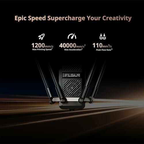3D printer speed specifications with max speed, acceleration, and flow rate.