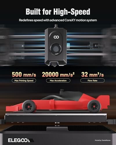 3D printer with high-speed motion system and red car model.