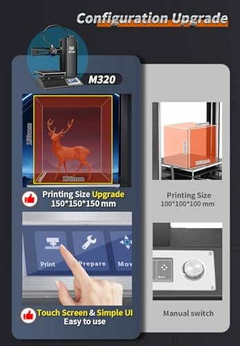3D printer configuration upgrade with printing size and touch screen features.