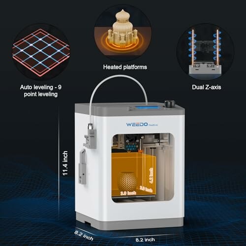 Weedo 3D printer with features like auto leveling, heated platforms, and dual Z-axis.