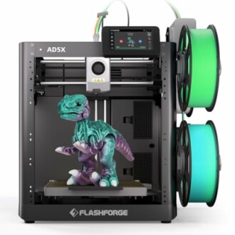3D printer with a dinosaur model and filament spools