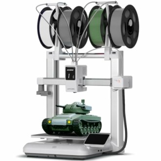 3D printer with a model tank and filament spools.