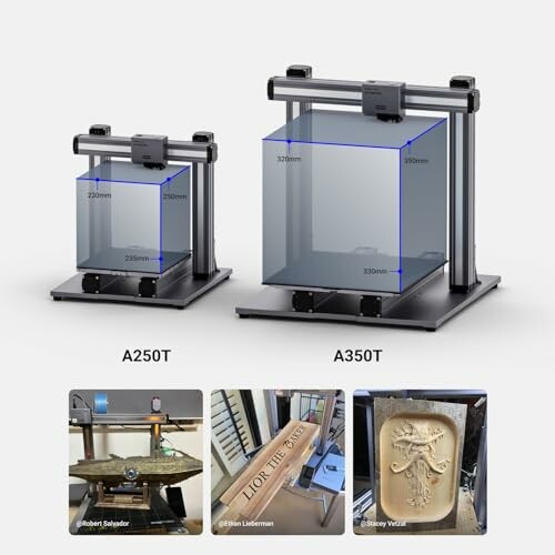 Comparison of two 3D printers, A250T and A350T, with examples of printed items.