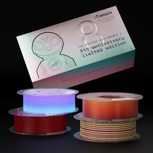 Limited edition 3D printing filament set with colorful spools and packaging.
