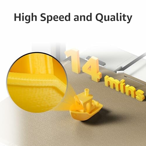 A close-up of a yellow 3D printed boat with text 'High Speed and Quality' and '14 mins'.