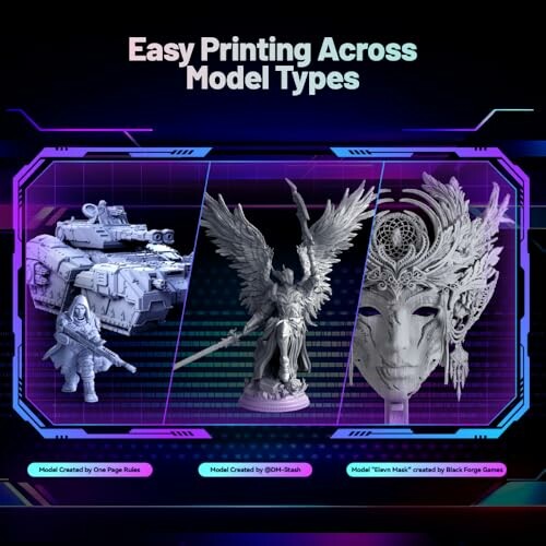 Various 3D printed models including a tank, a winged figure, and an ornate mask.