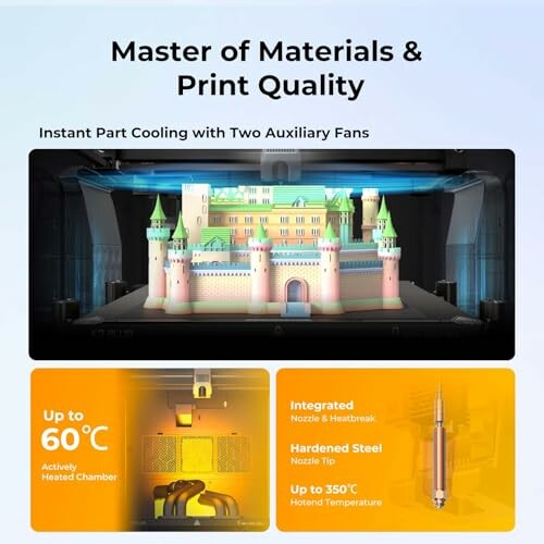 3D printer features with castle model and temperature details.