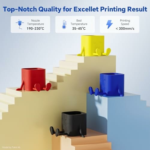 Colorful 3D printer models on stairs showing temperature and speed settings.