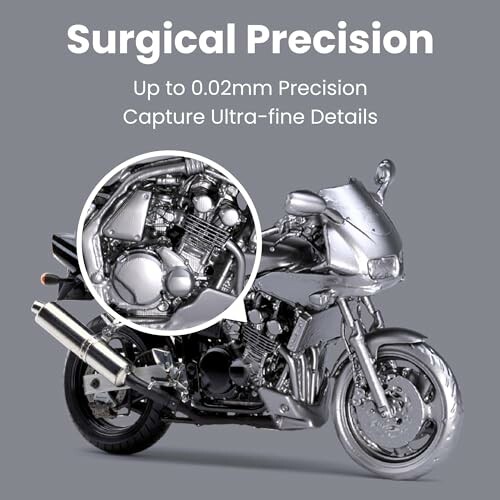 Close-up of a 3D scanned motorcycle highlighting precision details.