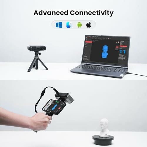 Advanced connectivity of a 3D scanner with a laptop and smartphone.