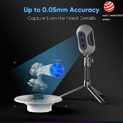 3D scanner demonstrating up to 0.05mm accuracy scanning a bust on a rotating platform.