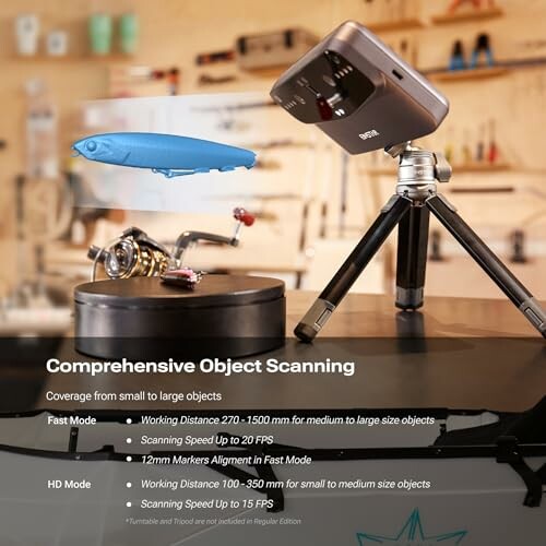 3D scanner on tripod with levitating blue object.