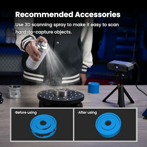 Person using 3D scanning spray with scanner and objects.