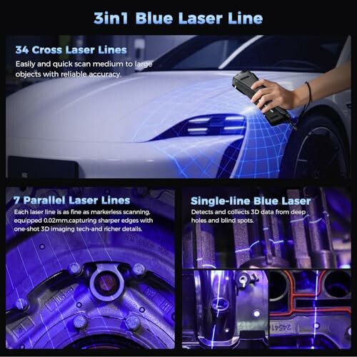 A 3in1 blue laser scanner with cross, parallel, and single-line features for precise 3D data capture.
